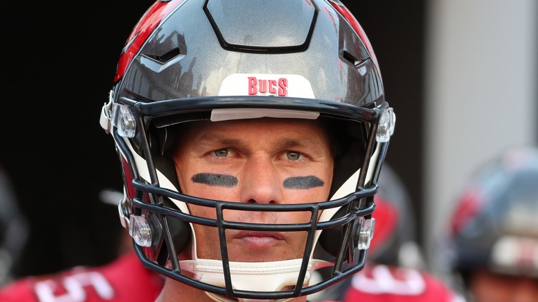 Close up of Tom Brady wearing a Bucs football helmet