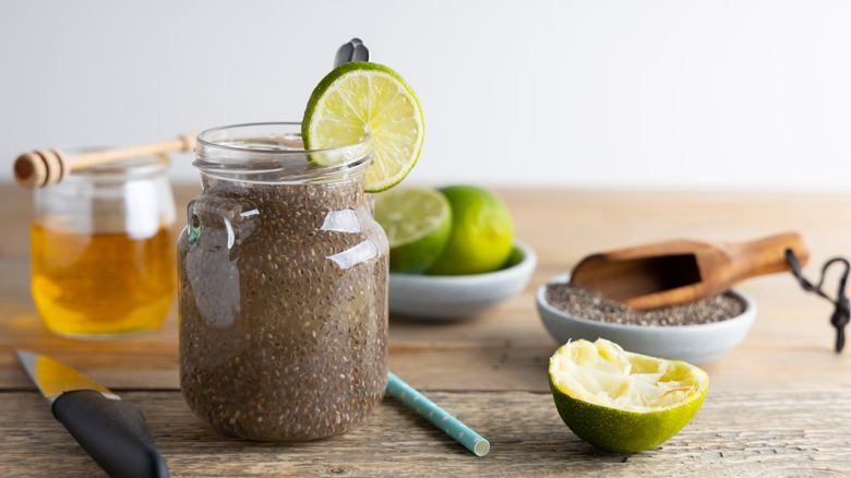 Chia seeds in a glass jar that have absorbed water