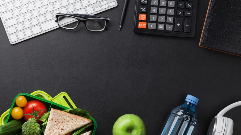 top view of lunch supplies on a desk top 