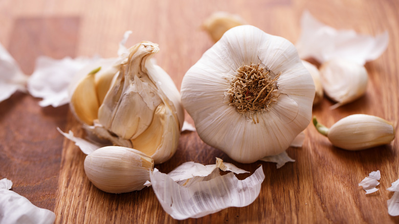 opened garlic on cutting board
