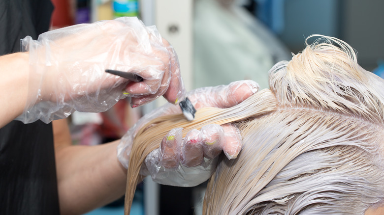 stylist applying bleach on blonde hair 