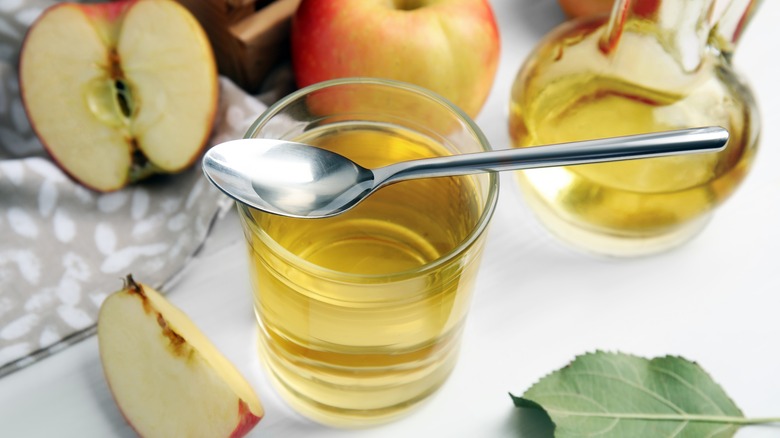 Glass of apple cider vinegar with spoon 