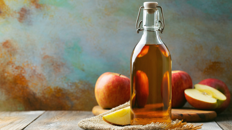 Bottle of apple cider vinegar surrounded by apple slices